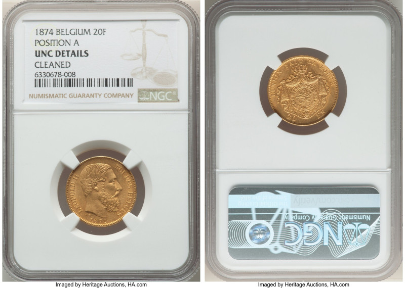 Leopold II gold 20 Francs 1874 UNC Details (Cleaned) NGC, Brussels mint, KM37, F...