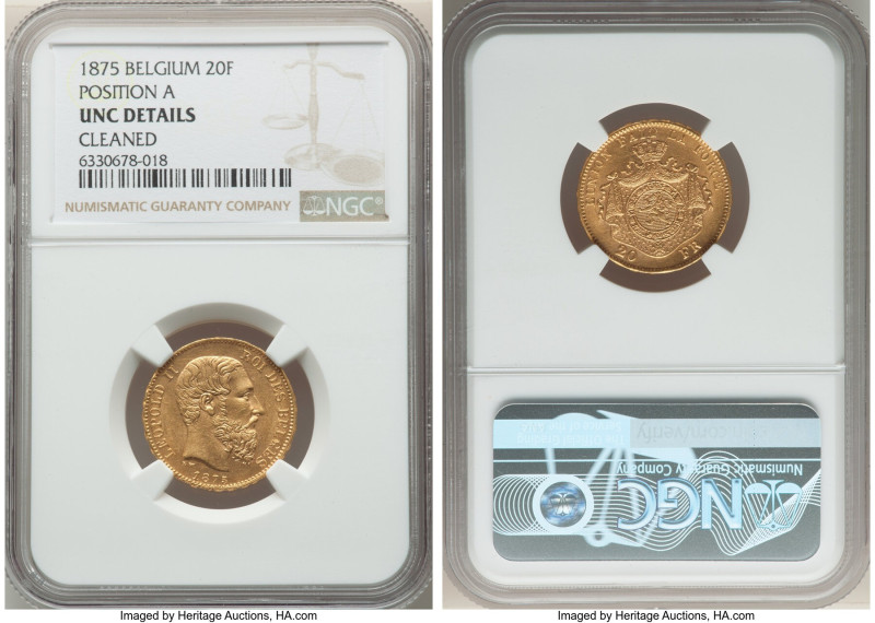 Leopold II gold 20 Francs 1875 UNC Details (Cleaned) NGC, Brussels mint, KM37. F...