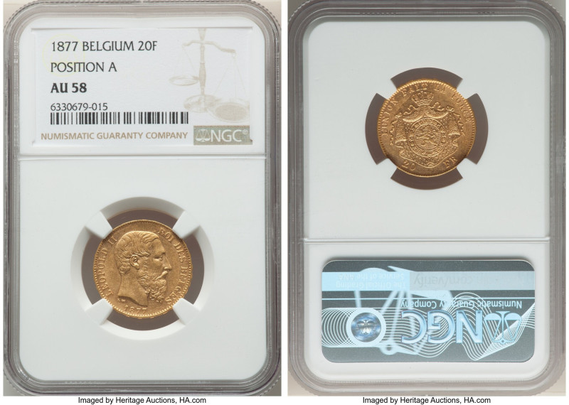 Leopold II gold 20 Francs 1877 AU58 NGC, Brussels mint, KM37, Fr-412. Position A...