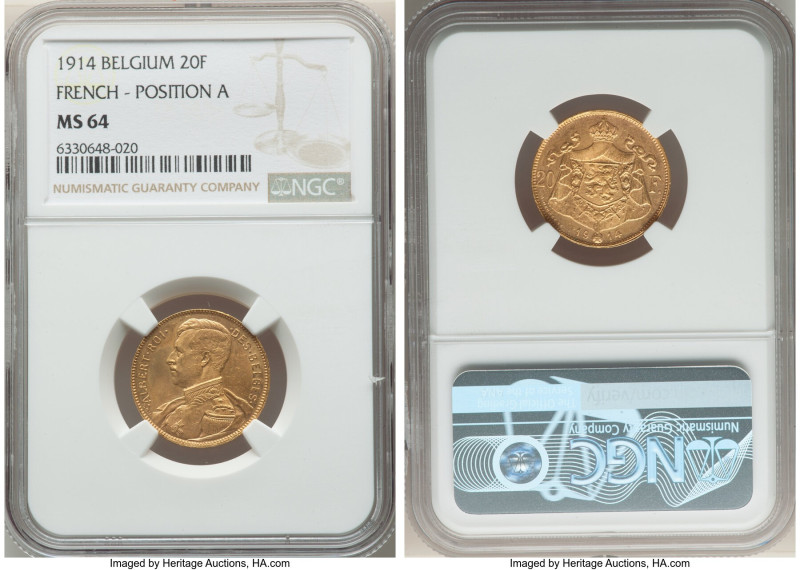 Albert I gold 20 Francs 1914 MS64 NGC, Brussels mint, KM78, Fr-421. French legen...