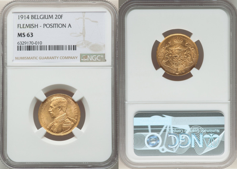 Albert I gold 20 Francs 1914 MS63 NGC, Brussels mint, KM79, Fr-422. Flemish lege...