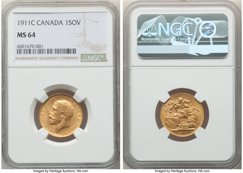 George V gold Sovereign 1911-C MS64 NGC, Ottawa mint, KM20, S-3997. Light olive ...