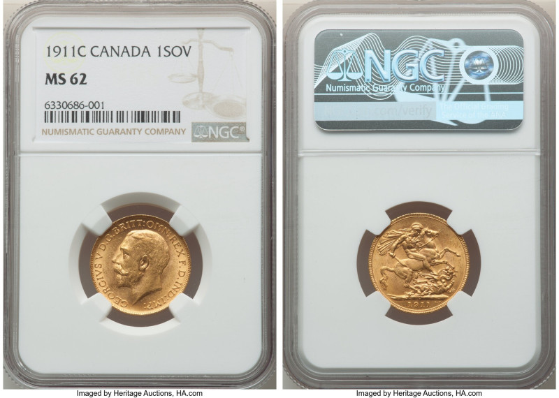 George V gold Sovereign 1911-C MS62 NGC, Ottawa mint, KM20, S-3997. Glimmering l...