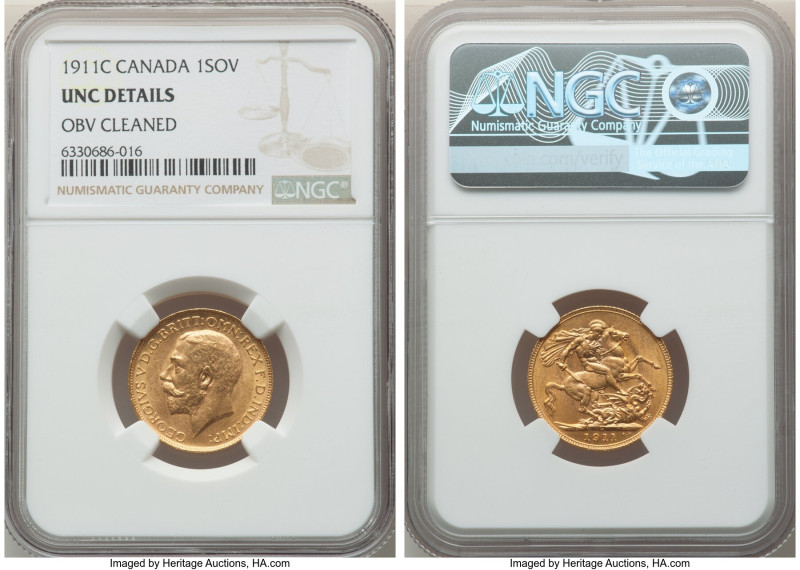 George V gold Sovereign 1911-C UNC Details (Obverse Cleaned) NGC, Ottawa mint, K...