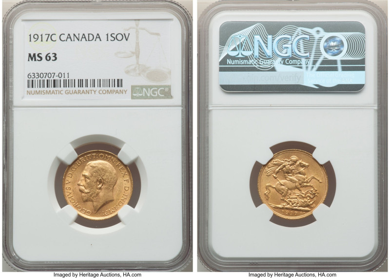 George V gold Sovereign 1917-C MS63 NGC, Ottawa mint, KM20, S-3997. 

HID0980124...