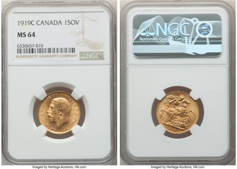 George V gold Sovereign 1919-C MS64 NGC, Ottawa mint, KM20, S-3997. Lustrous wit...