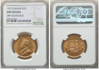 George V gold 10 Dollars 1912 UNC Details (Obverse Scratched) NGC, Ottawa mint, KM27, Fr-3. Blush toning on lustrous honeyed surfaces. 

HID0980124201...