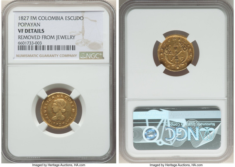 Republic gold Escudo 1827 POPAYAN-FM VF Details (Removed From Jewelry) NGC, Popa...