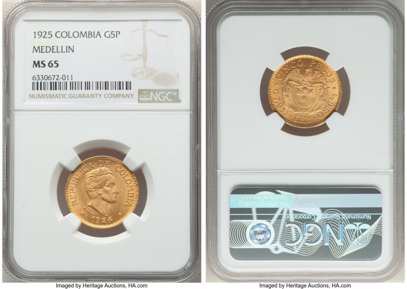 Republic gold 5 Pesos 1925 MS65 NGC, Medellin (MFDELLIN) mint, KM204, Fr-115. Ve...