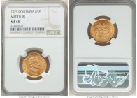 Republic gold 5 Pesos 1925 MS65 NGC, Medellin (MFDELLIN) mint, KM204, Fr-115. Velveteen fields with underlying luster. 

HID09801242017

© 2022 Herita...