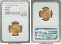 Republic gold 5 Pesos 1927 MS64 NGC, Medellin (MFDFLLIN) mint, KM204, Fr-115. Nice bold strike with lovely golden color, few nicks on cheek. 

HID0980...