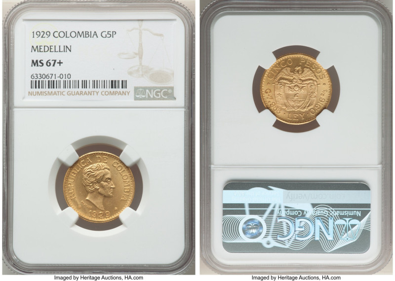 Republic gold 5 Pesos 1929 MS67+ NGC, Medellin (MFDFLLIN) mint, KM204, Fr-115. M...