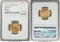 Republic gold 5 Pesos 1929 MS67+ NGC, Medellin (MFDFLLIN) mint, KM204, Fr-115. Muted almost matte looking surfaces, free of distracting marks and ligh...