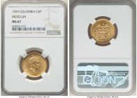 Republic gold 5 Pesos 1929 MS67 NGC, Medellin (MFDFLLIN) mint, KM204, Fr-115. Superb Gem with underlying luster and veiled in khaki-green toning. 

HI...