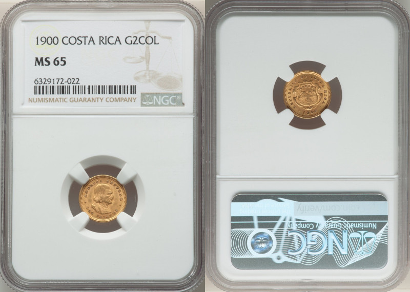 Republic gold 2 Colones 1900 MS65 NGC, Philadelphia mint, KM139, Fr-22. 

HID098...