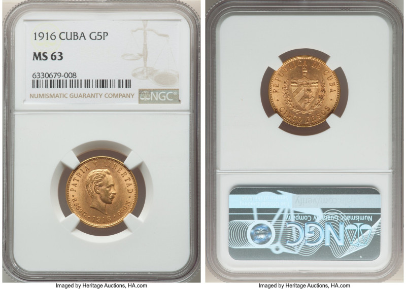Republic gold 5 Pesos 1916 MS63 NGC, Philadelphia mint, KM19, Fr-4. Two year typ...