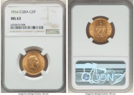 Republic gold 5 Pesos 1916 MS63 NGC, Philadelphia mint, KM19, Fr-4. Two year type. Lightly toned rose-colored gold with choice surfaces. 

HID09801242...