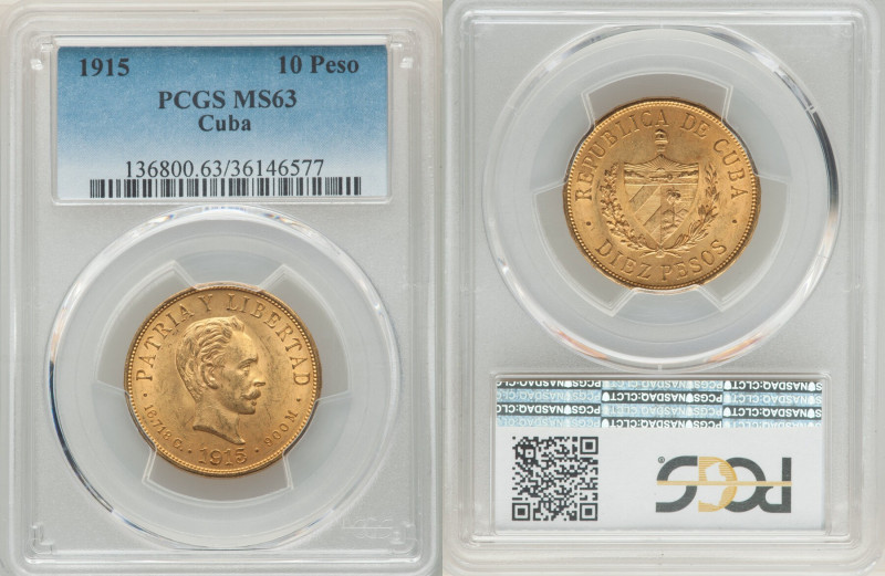 Republic gold 10 Pesos 1915 MS63 PCGS, Philadelphia mint, KM20, Fr-3. Veil of ol...