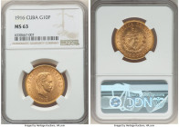 Republic gold 10 Pesos 1916 MS63 NGC, Philadelphia mint, KM20, Fr-3. Two year type. Rolling luster with veil of olive-gray tone. 

HID09801242017

© 2...