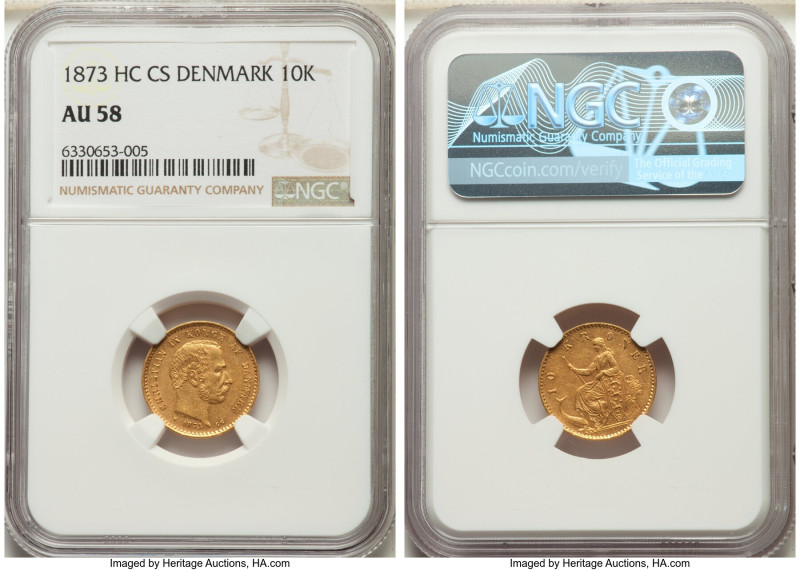 Christian IX gold 10 Kroner 1873 (h)-CS AU58 NGC, Copenhagen mint, KM790.1, Fr-2...