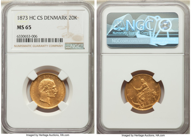 Christian IX gold 20 Kroner 1873 (h)-CS MS65 NGC, Copenhagen mint, KM791.1, Fr-2...