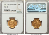 Christian IX gold 20 Kroner 1873 (h)-CS MS65 NGC, Copenhagen mint, KM791.1, Fr-295. First year of type. A glowing gem revealing consistent sharpness t...