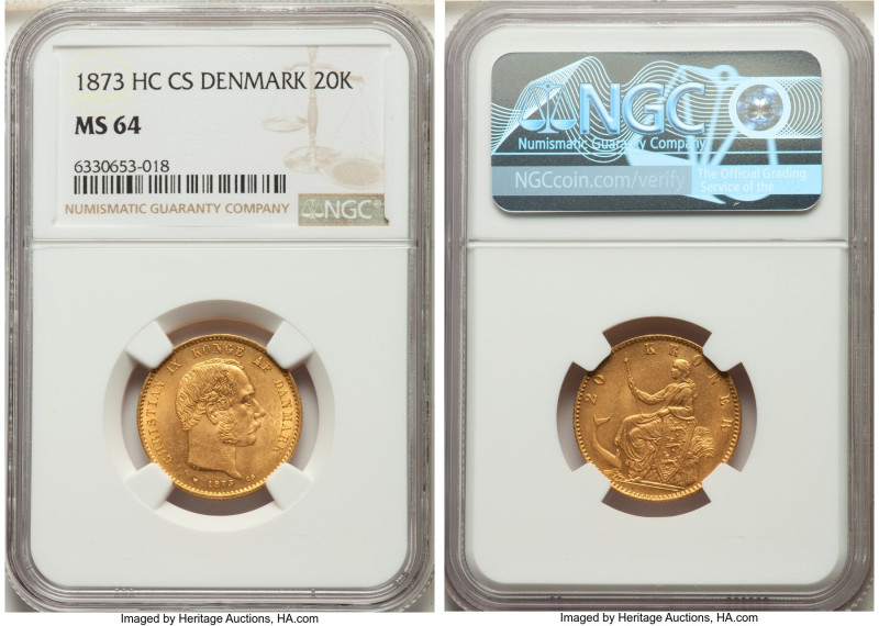 Christian IX gold 20 Kroner 1873 (h)-CS MS64 NGC, Copenhagen mint, KM791.1, Fr-2...