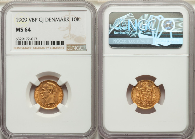 Frederik VIII gold 10 Kroner 1909 (h)-VBP MS64 NGC, Copenhagen mint, KM809. Fr-2...