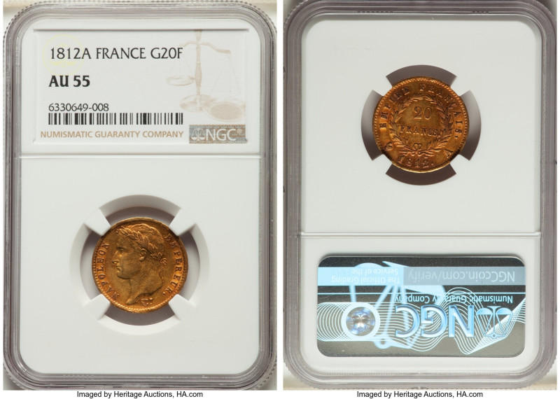 Napoleon gold 20 Francs 1812-A AU55 NGC, Paris mint, KM695.1, Fr-511. Quite attr...