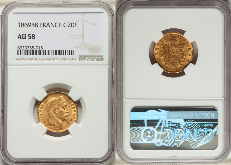 Napoleon III gold 20 Francs 1869-BB AU58 NGC, Strasbourg mint, KM801.2, Gad-1062...