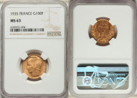 Republic gold "Bazor" 100 Francs 1935 MS63 NGC, Paris mint, KM880. Popular Deco type by Lucien Bazor Chief Engraver at the Paris mint, hosting blush t...