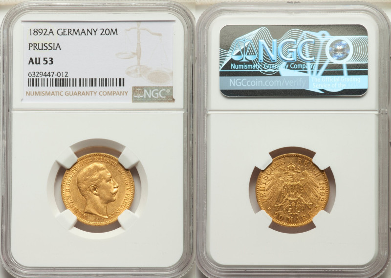 Prussia. Wilhelm II gold 20 Mark 1892-A AU53 NGC, Berlin mint, KM521, J-252. 

H...