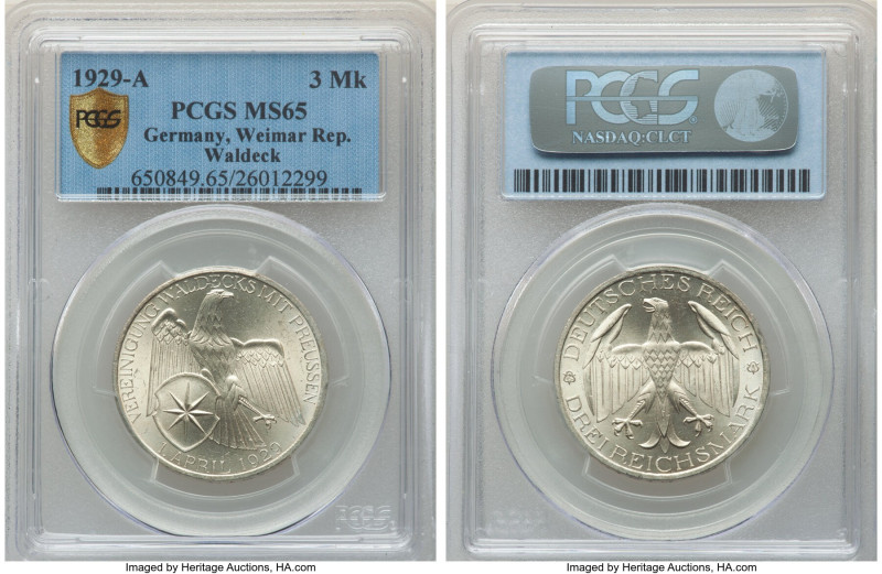 Weimar Republic "Waldeck" 3 Mark 1929-A MS65 PCGS, Berlin mint, KM62, J-337. Uni...