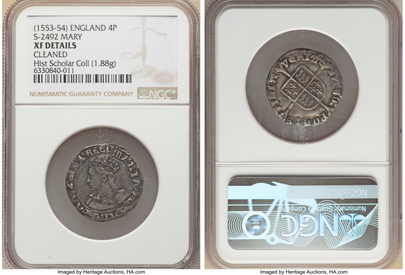 Mary (1553-1554) Groat (4 Pence) ND (1553-1554) XF Details (Cleaned) NGC, Tower ...