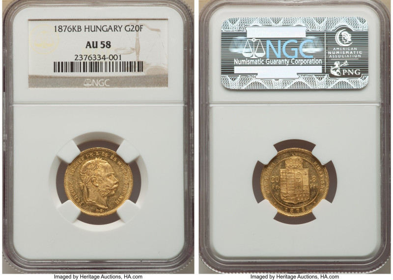 Franz Joseph I gold 20 Francs 1876-KB AU58 NGC, Kremnitz mint, KM 455.1. Also va...