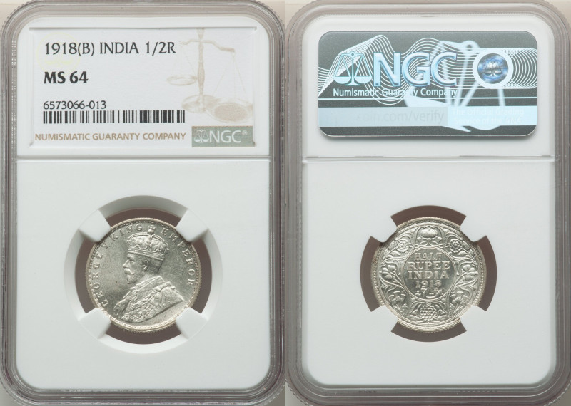 British India. George V 1/2 Rupee 1918-(b) MS64 NGC, Bombay mint, KM522. 

HID09...