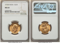 British India. George V gold Sovereign 1918-I MS64 NGC, Bombay mint, KM-A525, S-3998. Shimmering golden surfaces. 

HID09801242017

© 2022 Heritage Au...