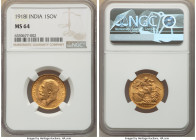 British India. George V gold Sovereign 1918-I MS64 NGC, Bombay mint, KM-A525, S-3998. The glossy, goldenrod patina pervasive through gently marked fie...