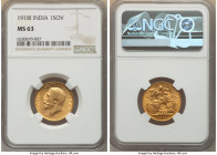 British India. George V gold Sovereign 1918-I MS63 NGC, Bombay mint, KM-A525, S-3998. Sheathed in a soft green patina with peach tone and muted luster...