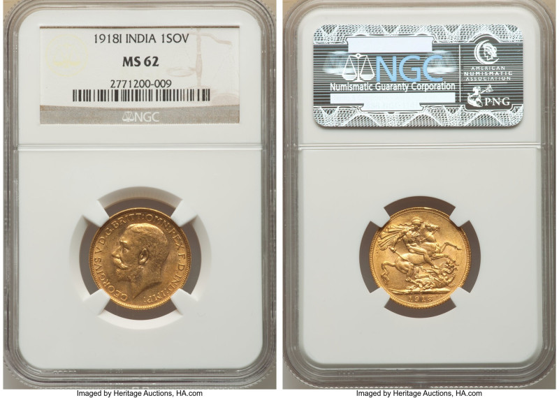 British India. George V gold Sovereign 1918-I MS62 NGC, Bombay mint, KM-A525, S-...