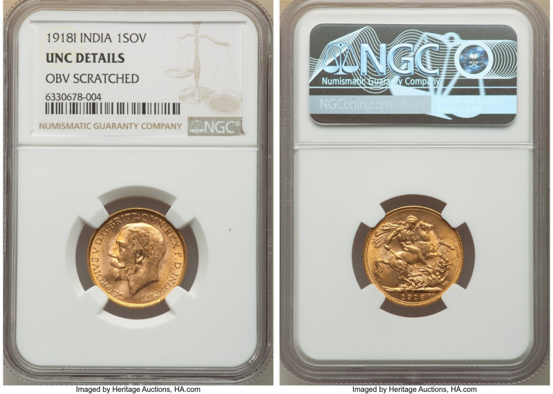 British India. George V gold Sovereign 1918-I UNC Details (Obverse Scratched) NG...