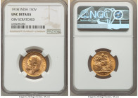 British India. George V gold Sovereign 1918-I UNC Details (Obverse Scratched) NGC, Bombay mint, KM-A525, S-3998. Blessed with a liberal amount of gold...