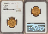 Sardinia. Vittorio Emanuele II gold 20 Lire 1858 Anchor-P AU53 NGC, Genoa mint, KM146.2, Fr-1146. Mottled red toning on butterscotch surfaces with und...