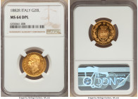 Umberto I gold 20 Lire 1882-R MS64 Deep Prooflike NGC, Rome mint, KM21, Fr-21. Struck on a reflective planchet providing a splendid contrast with mirr...