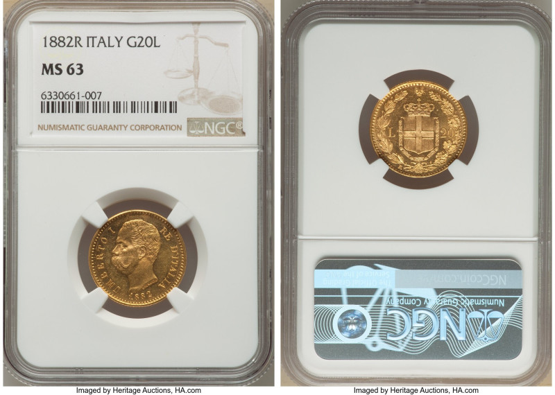 Umberto I gold 20 Lire 1882-R MS63 NGC, Rome mint, KM21, Fr-21. Vivid luster and...