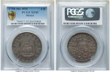 Ferdinand VI 4 Reales 1758 Mo-MM XF45 PCGS, Mexico City mint, KM95, Cal-430. Heavily toned in a fossil-gray patina on evenly worn and accurately grade...