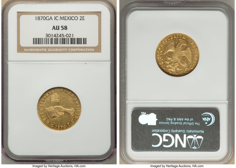 Republic gold 2 Escudos 1870 Ga-IC AU58 NGC, Guadalajara mint, KM380.3, Fr-91. H...