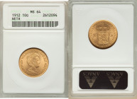 Wilhelmina gold 10 Gulden 1912 MS64 ANACS, Utrecht mint, KM149, Fr-349. Opaque caramel shade of gold with satin finish. 

HID09801242017

© 2022 Herit...