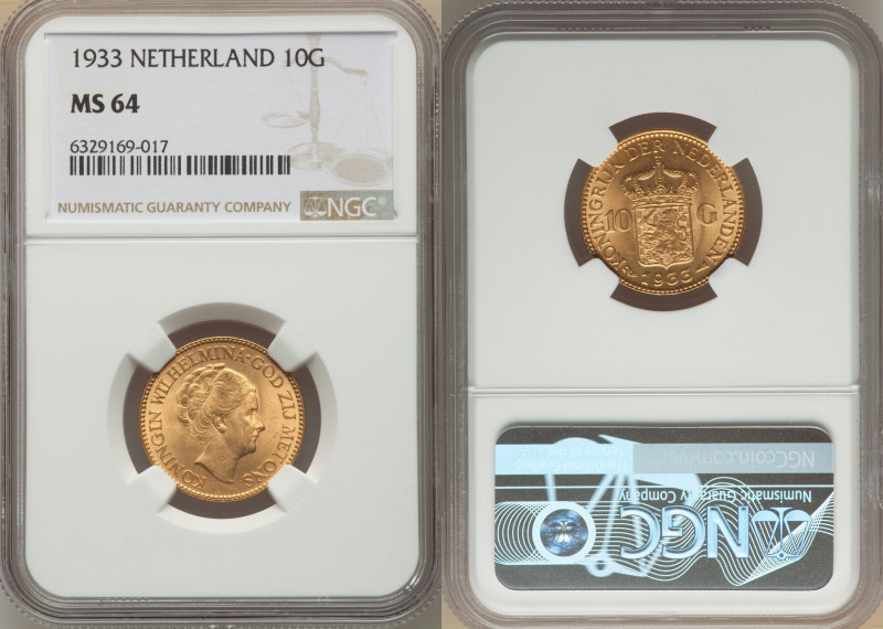 Wilhelmina gold 10 Gulden 1933 MS64 NGC, Utrecht mint, KM162, Fr-351. Satin surf...