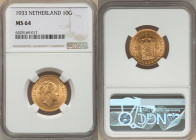 Wilhelmina gold 10 Gulden 1933 MS64 NGC, Utrecht mint, KM162, Fr-351. Satin surfaces with moderately muted luster. 

HID09801242017

© 2022 Heritage A...